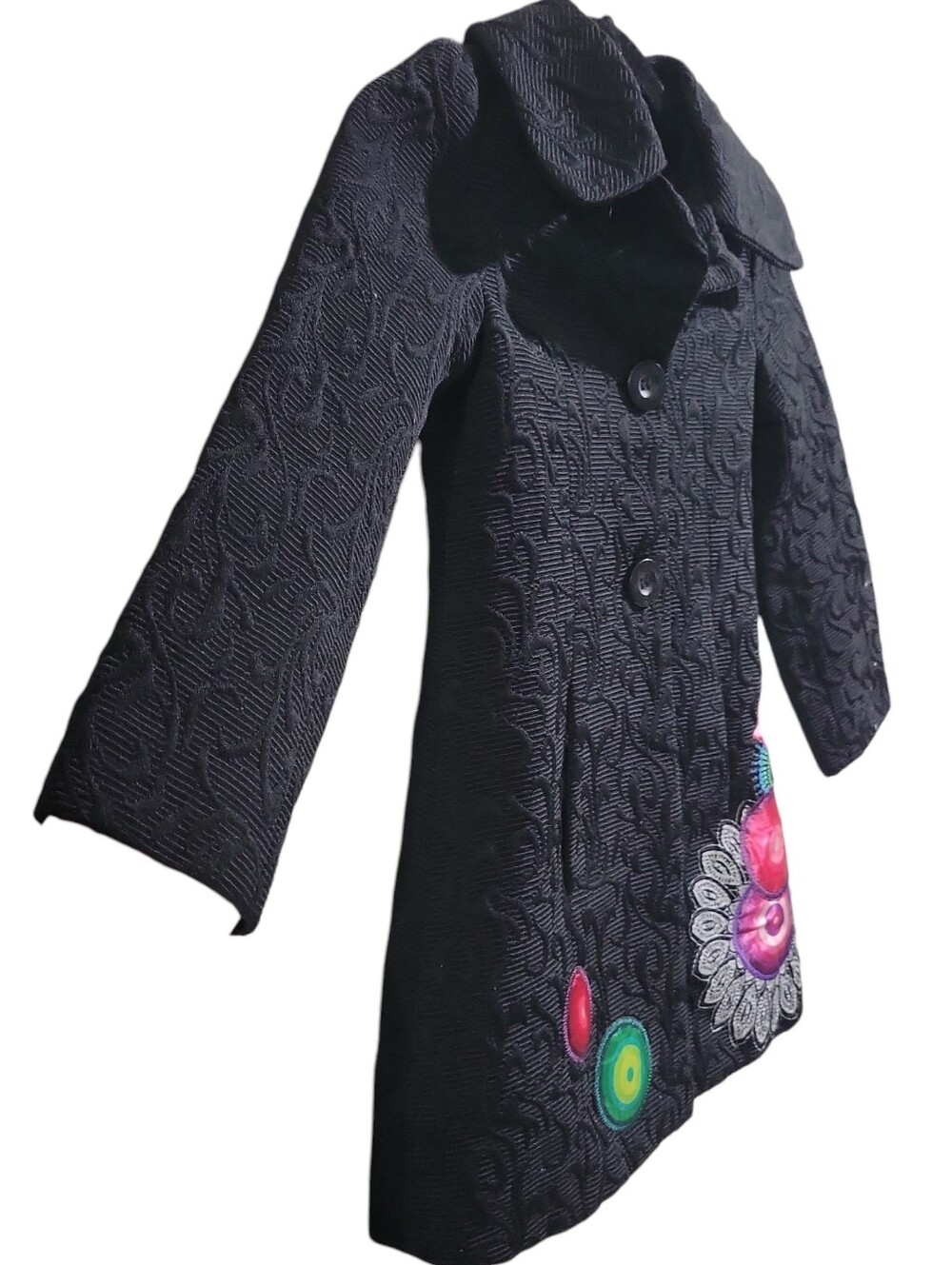 Desigual Girls 5/6 Y Black Embossed Designer Pea Coat Embroidered Flawed - Picture 5 of 16